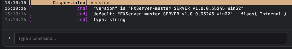 Server console output after typing the version command