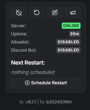 txAdmin server card with the tx/fx version line at the bottom